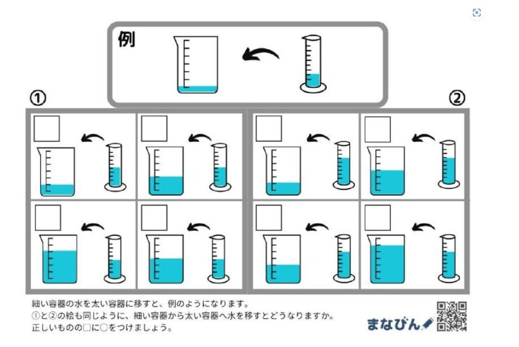 小学校受験の発展問題？！一対多対応で水の量（かさ比べ）プリントダウンロード、小学校１年生も必須